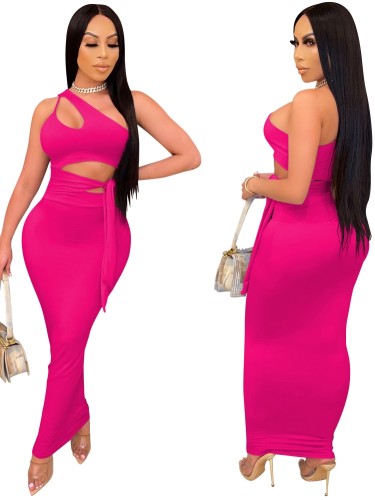 Hot Pink One Shoulder Crop Top and High Waist Long Skirt Set