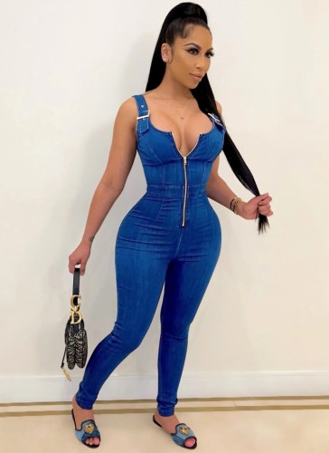 Blue Zip Front Sleeveless Bodycon Denim Jumpsuit