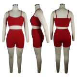Red Textured Cami Crop Top and Shorts 2PCS Outfits