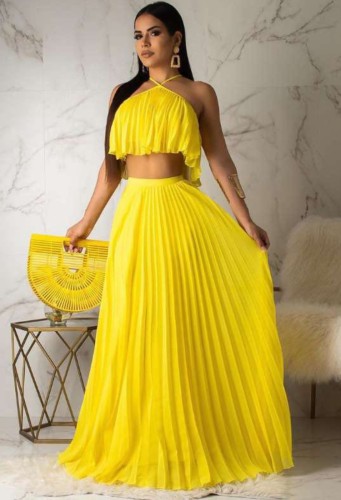Yellow Pleated Halter Crop Top and Long Skirt 2PCS Set