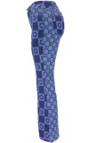 All Over Print Blue High Waist Flare Jeans