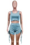Sky Blue RibbedCrop Tank and Ruched Shorts Two Piece Set