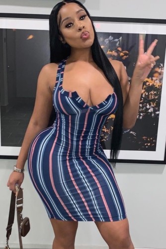 Stripes Blue Bodycon Sleeveless Dress