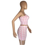 Print Pink Houndstooth Cami Crop Top and Mini Skirt Set