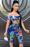 Print Off Shoulder Crop Top and Shorts Two Piece Outfits