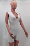 White Ribbed Sexy Deep-V Sleeveless Bodycon Rompers