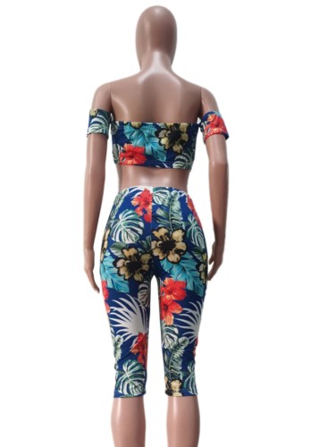 Print Off Shoulder Crop Top and Shorts Two Piece Outfits