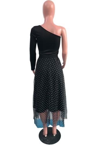 Black One Shoulder Top and Black Dotted Skirt Set