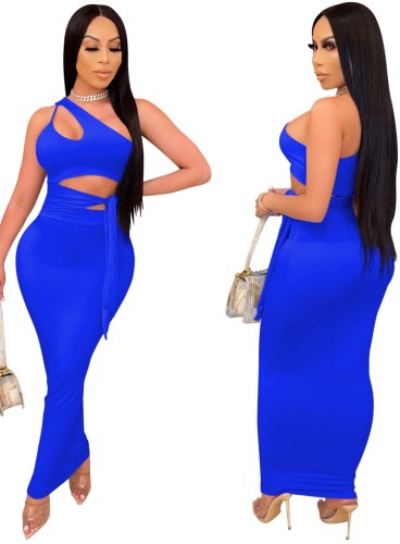 Blue One Shoulder Crop Top and High Waist Long Skirt Set
