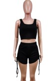 Black RibbedCrop Tank and Ruched Shorts Two Piece Set