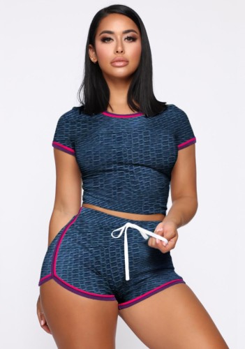 Blue Textured Fitted Top and Shorts Two Piece Matching Set