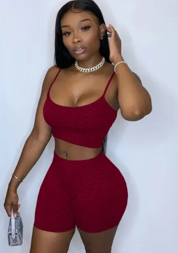 Burgunry Textured Cami Crop Top and Shorts 2PCS Outfits
