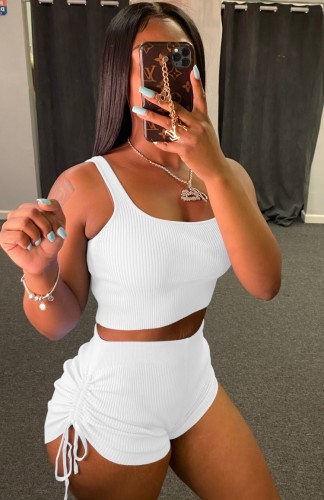 White RibbedCrop Tank and Ruched Shorts Two Piece Set