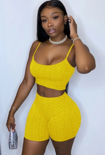 Yellow Textured Cami Crop Top and Shorts 2PCS Outfits