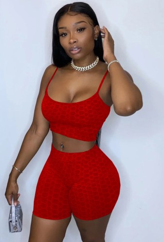 Red Textured Cami Crop Top and Shorts 2PCS Outfits