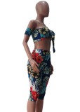Print Off Shoulder Crop Top and Shorts Two Piece Outfits