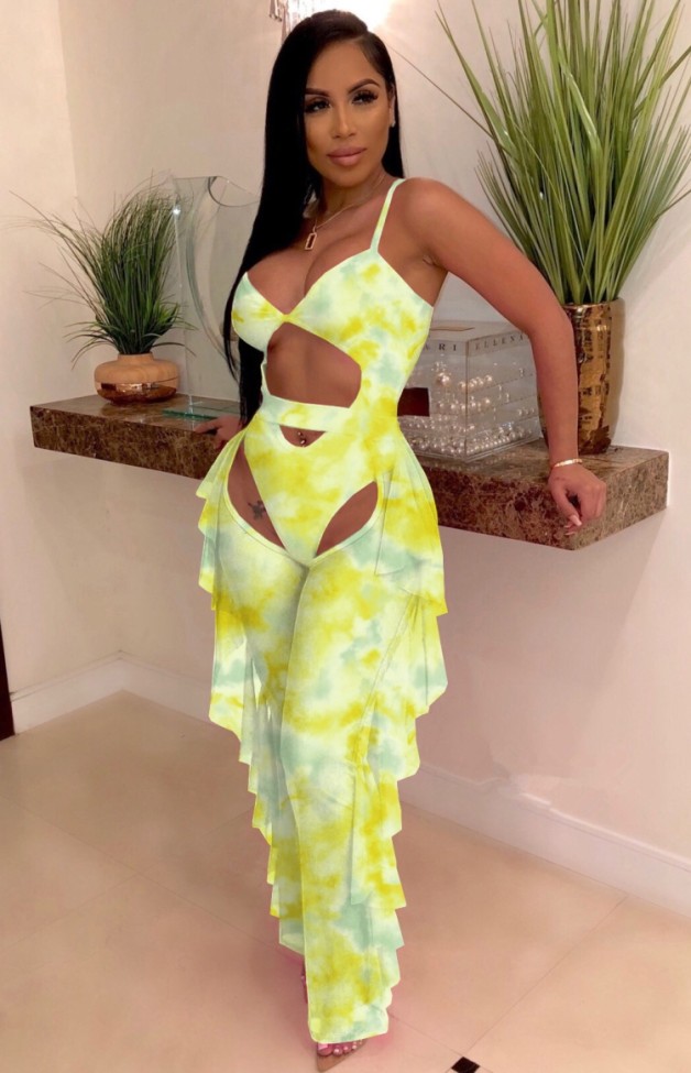 Tie Dye Yellow Hollow Out Bodysuit with Ruffles Pants 2PCS Set