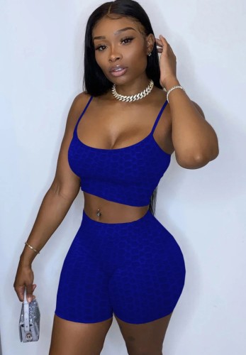 Blue Textured Cami Crop Top and Shorts 2PCS Outfits