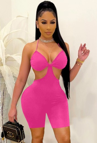 Pink Hollow-Out Halter Bodycon Rompers