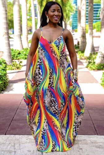 Leopard Colorful Print Strap Loose Maxi Dress