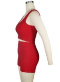 Sports Red Textured Crop Tank and Shorts Two Piece Set