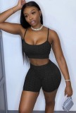 Black Textured Cami Crop Top and Shorts 2PCS Outfits