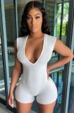 White Ribbed Sexy Deep-V Sleeveless Bodycon Rompers