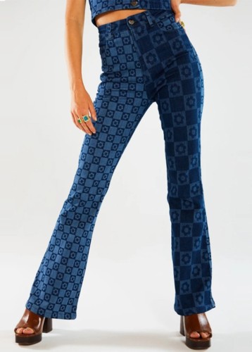 All Over Print Blue High Waist Flare Jeans