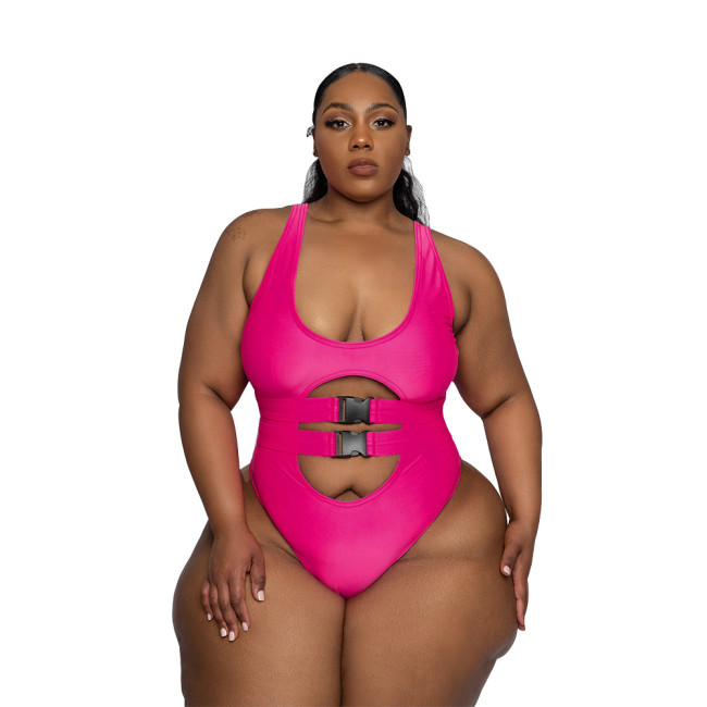Plus Size Pink Hollow Out Buckle One Piece Siwmsuit