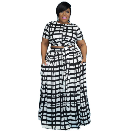 Plus Size Black Grid Print Two Piece Long Skirt Set