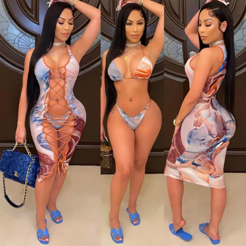 Print Bikini Set with Lace-Up Cover Ups 3PCS Swimwear