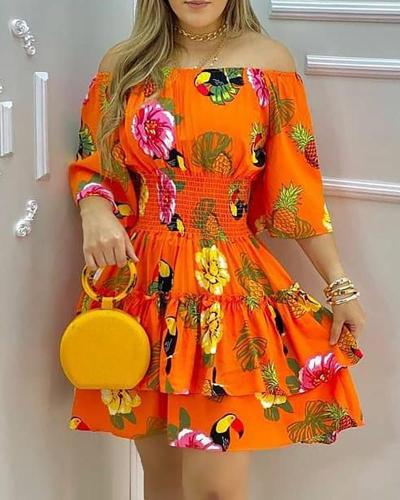 Orange Floral Off Shoulder Shirred Waist Ruffle Casual Dress