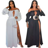 White Solid Off Shoulder Ruffle Trim Sexy Slit Maxi Dress