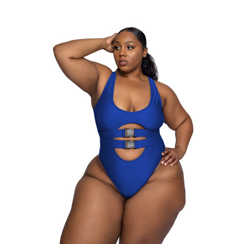 Plus Size Blue Hollow Out Buckle One Piece Siwmsuit