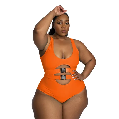 Plus Size Orange Hollow Out Buckle One Piece Siwmsuit