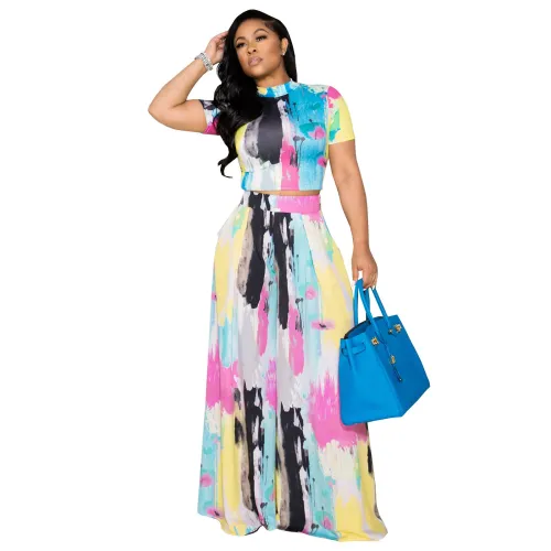 Tie Dye Short Sleeve Tee and Wide Leg Pants 2PCS Set