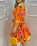 Orange Floral Off Shoulder Shirred Waist Ruffle Casual Dress