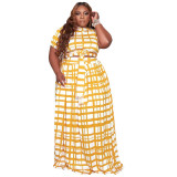 Plus Size Yellow Grid Print Two Piece Long Skirt Set