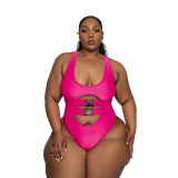 Plus Size Blue Hollow Out Buckle One Piece Siwmsuit