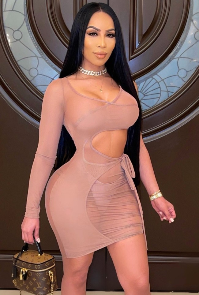 See Through Beige Cut Out Mini Bodycon Dress with Single Sleeve