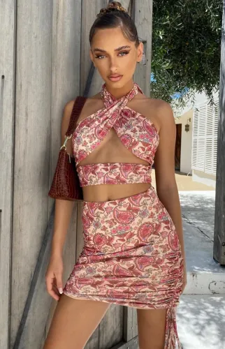 Floral Wrap Around Halter Crop Top and Drawstrings Mini Skirt Set