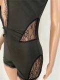 Black Lace Trim Sexy Plunging Rompers