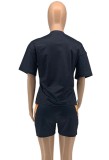 Casual Two Piece Set Print Black Tee and Matching Shorts