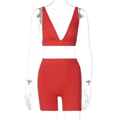 Red Deep-V Bra Top and Shorts Two Piece Matching Set