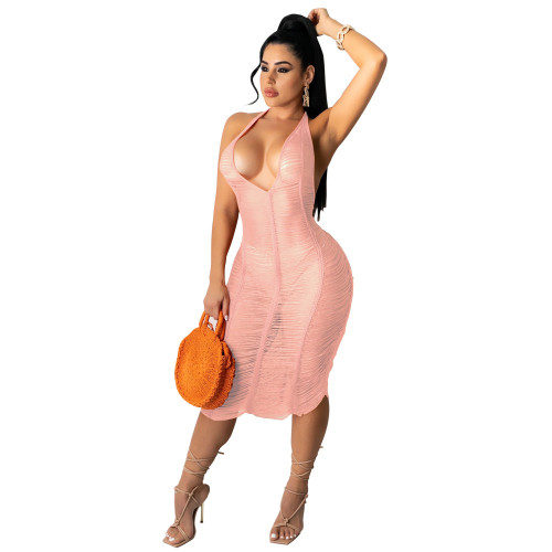 Pink Hollow Out See Through Ripped Halter Beach Dress Cover Up