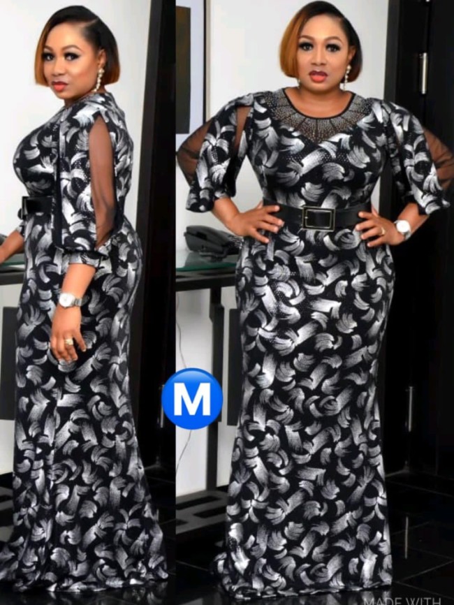 Plus Size African Style Print Long Dress with 3/4 Sleeves