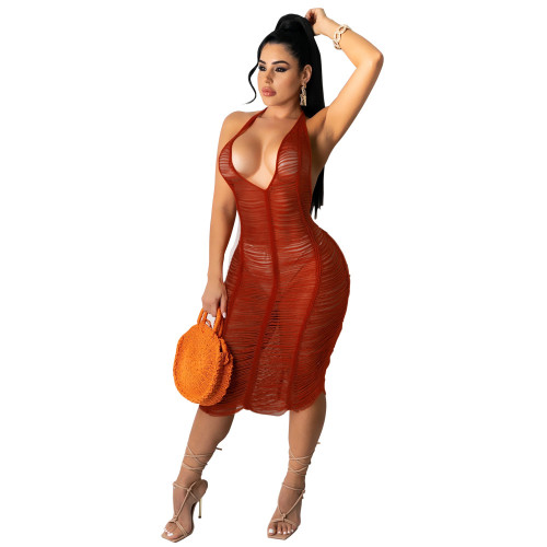 Red Hollow Out See Through Ripped Halter Beach Dress Cover Up