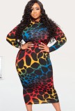 Plus Size Colorful Print Long Sleeve Bodycon Midi Dress