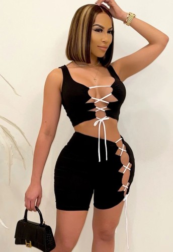 Black 2PCS Sexy Lace Up Crop Top and Shorts Set