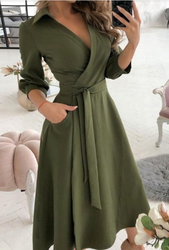 Trendy Army Green Collar Wrap Skater Dress with 3/4 Sleeves